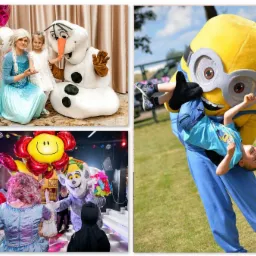 Kolaż zdjęć z imprez dla dzieci: kobieta przebrana za Elzę z córką i Olafem, animator w stroju Minionka podnoszący dziecko do góry nogami, oraz grupa osób w kostiumach na scenie z balonami...