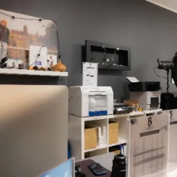 Wnętrze studia fotograficznego: widoczny sprzęt oświetleniowy (softbox GlareOne), drukarki Epson i Canon, monitory Apple, półka z aparatami analogowymi i powiększone zdjęcie plenerowe kobiety...