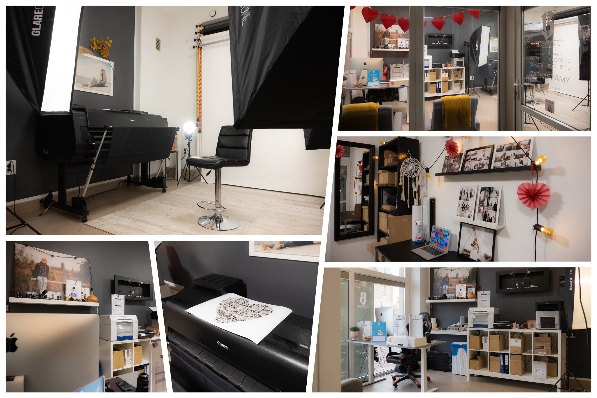 Wnętrze studia fotograficznego z profesjonalnym sprzętem: drukarka wielkoformatowa Canon, softboxy Glareone, tło fotograficzne, biurko z komputerem Apple, półki z wydrukowanymi zdjęciami...