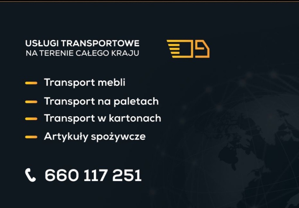 Grafika reklamowa firmy transportowej oferującej transport mebli, palet, kartonów i artykułów spożywczych na terenie całego kraju, z ikoną ciężarówki w kolorze żółtym i numerem telefonu.