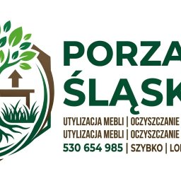 Technix - Logo firmy 'Porządki Śląsk' z ikoną drzewa, mebli i strzałki w górę, oferującej utylizację mebli i czyszczenie działek. Kontakt: 530 654 985.