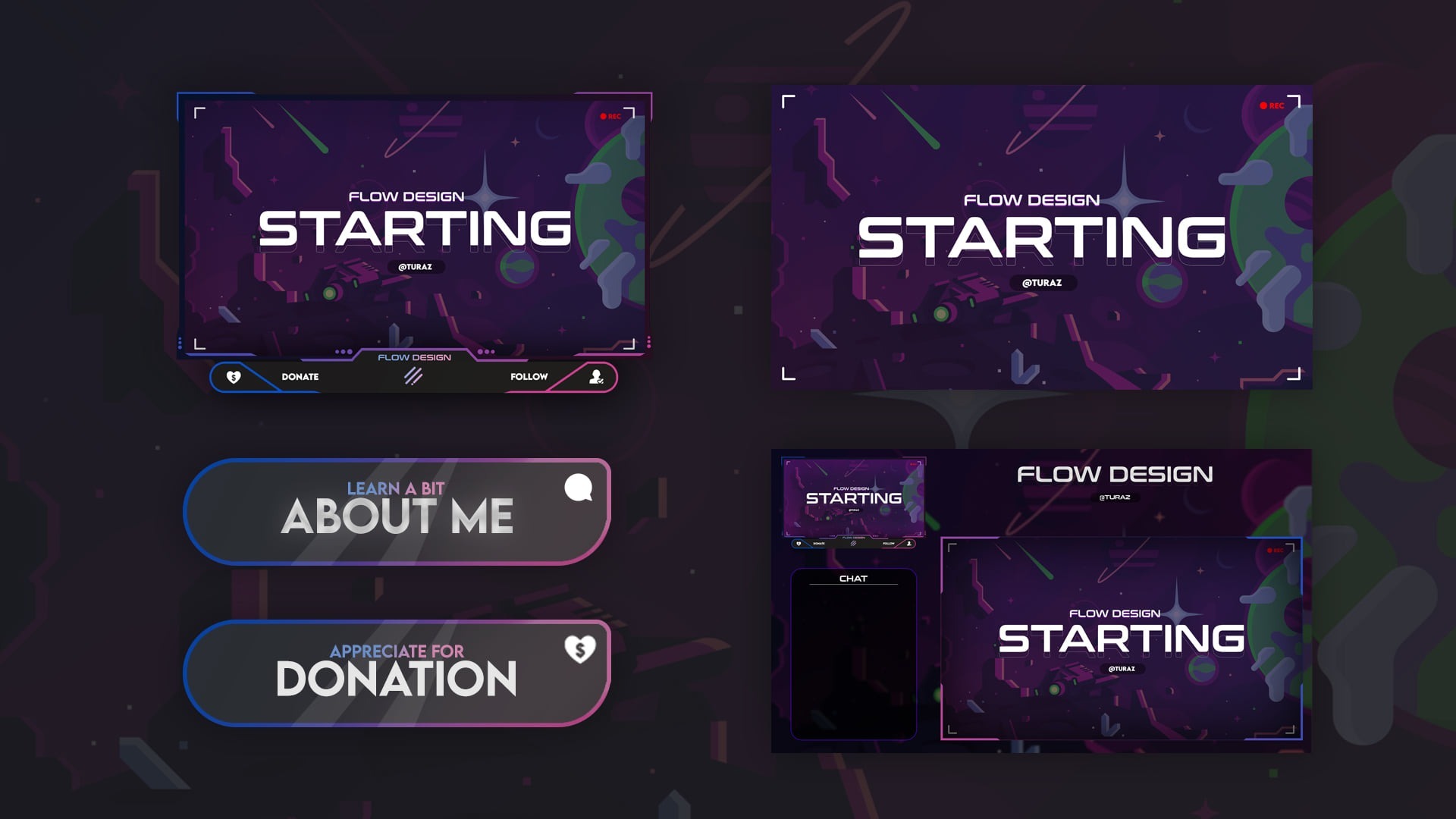 Projekty graficzne dla platformy Twitch.tv, zawierające elementy interfejsu użytkownika, takie jak ramki, przyciski 'About Me' i 'Donation', w estetyce kosmicznej z dominującą kolorystyką fioletu...