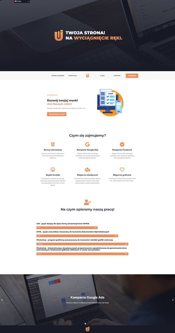 Projekt strony internetowej z nagłówkiem 'Twoja strona! Na wyciągnięcie ręki', sekcjami 'Czym się zajmujemy?' i 'Na czym opieramy naszą pracę!', widoczny fragment kodu CSS i HTML oraz laptop...