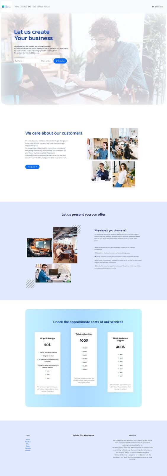Projekt strony internetowej z wbudowanym formularzem kontaktowym i podziałem na sekcje prezentujące usługi graficzne, webowe i SEO, wraz z cennikiem.