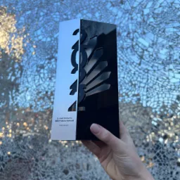 Statuetka konkursu Orły Nieruchomości 2023 trzymana w dłoni na tle mozaiki lustrzanej.