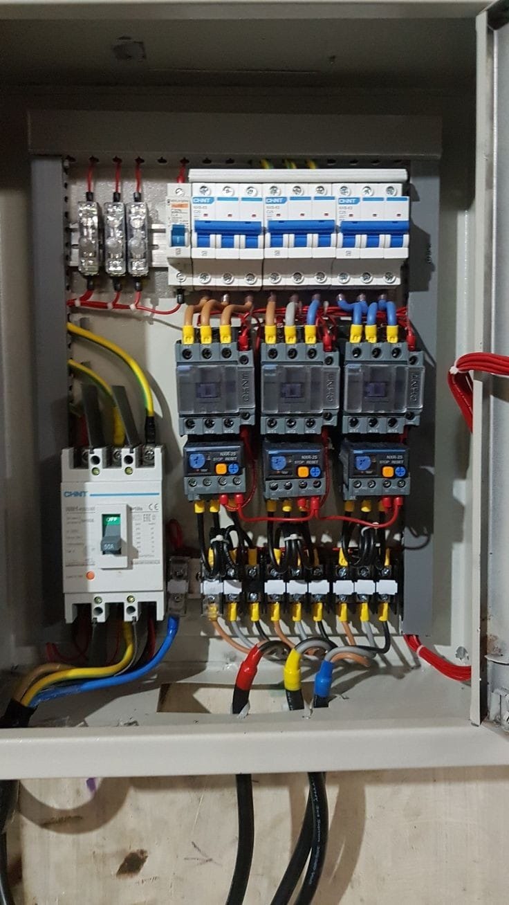 Otwarta skrzynka elektryczna z bezpiecznikami, stycznikami i przewodami o różnych kolorach, zamontowana na ścianie.