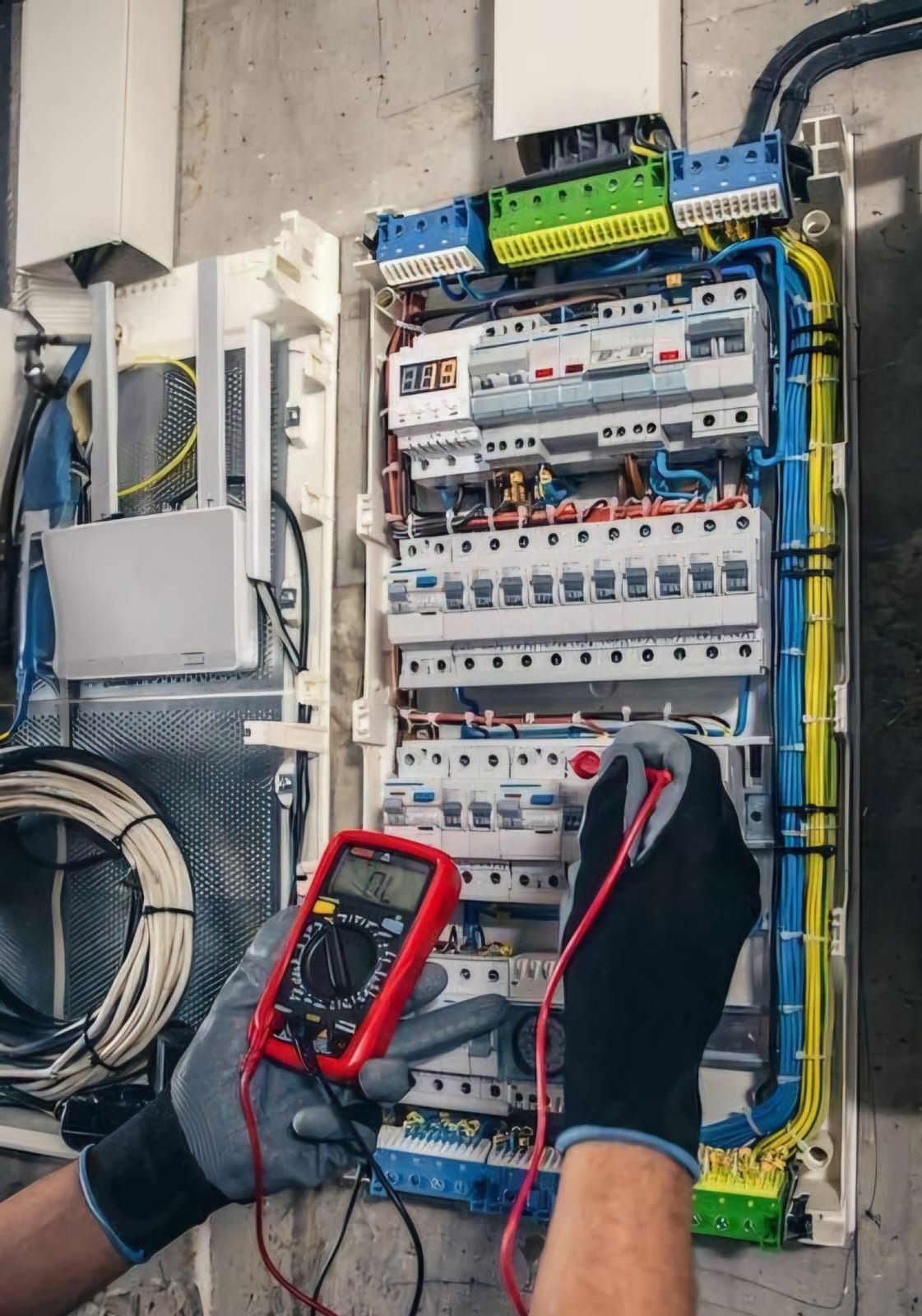 Elektryk w rękawicach ochronnych mierzy napięcie w rozdzielnicy elektrycznej za pomocą czerwonego multimetru, widoczne liczne kable i bezpieczniki.
