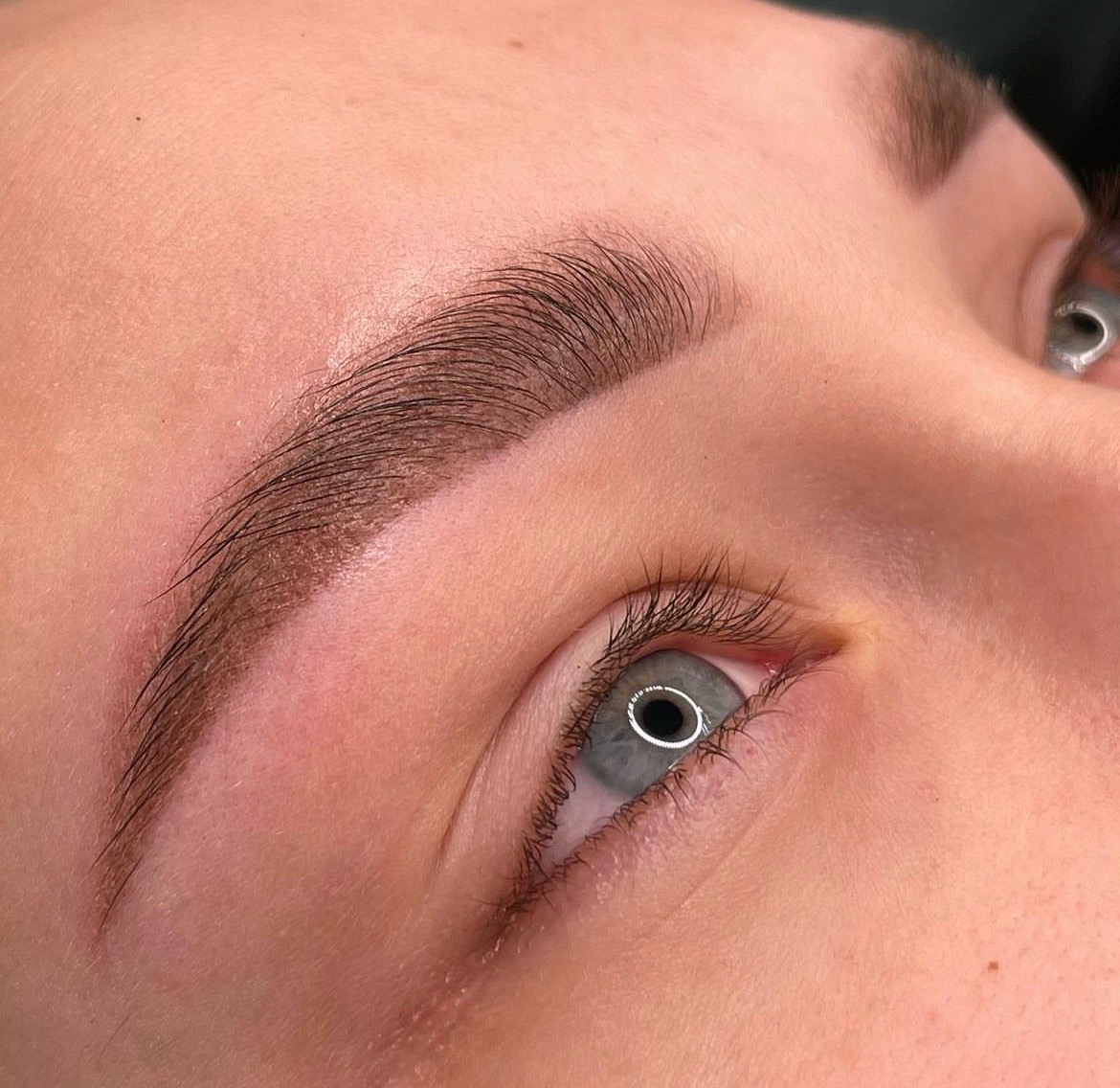 Zbliżenie na oko z idealnie wystylizowanymi brwiami, widoczne pojedyncze włoski i delikatny połysk po zabiegu.