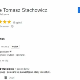 Opinia klienta z Katowic o firmie GeoOffice Tomasz Stachowicz, z oceną 5 gwiazdek, polecająca usługi geodezyjne.