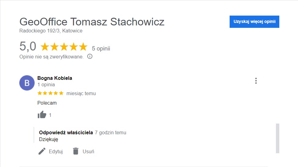 Zrzut ekranu opinii o GeoOffice Tomasz Stachowicz z oceną 5.0, recenzją Bogny Kobieli i odpowiedzią właściciela.