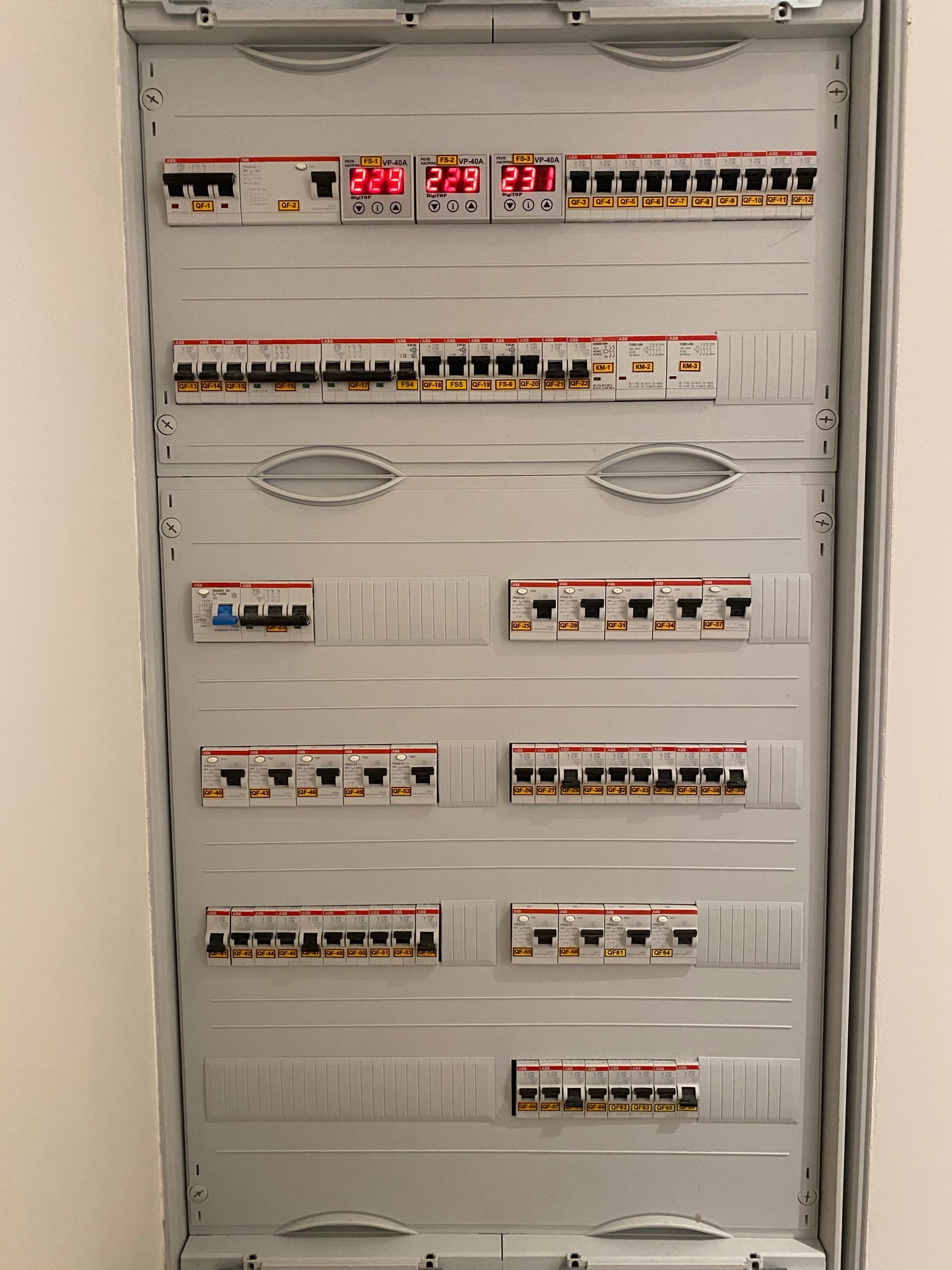 Szara skrzynka rozdzielcza z bezpiecznikami i wyświetlaczami napięcia, widok z bliska na zamontowaną instalację elektryczną wewnątrz budynku.