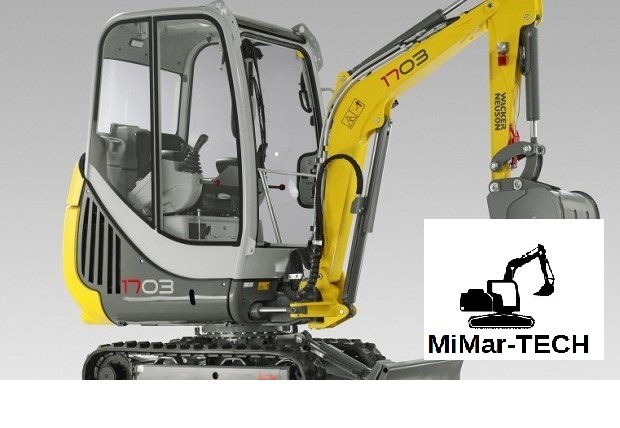 Żółto-szara minikoparka Wacker Neuson 1703 z otwartą kabiną i logo firmy MiMar-TECH w prawym dolnym rogu, na jasnym tle.