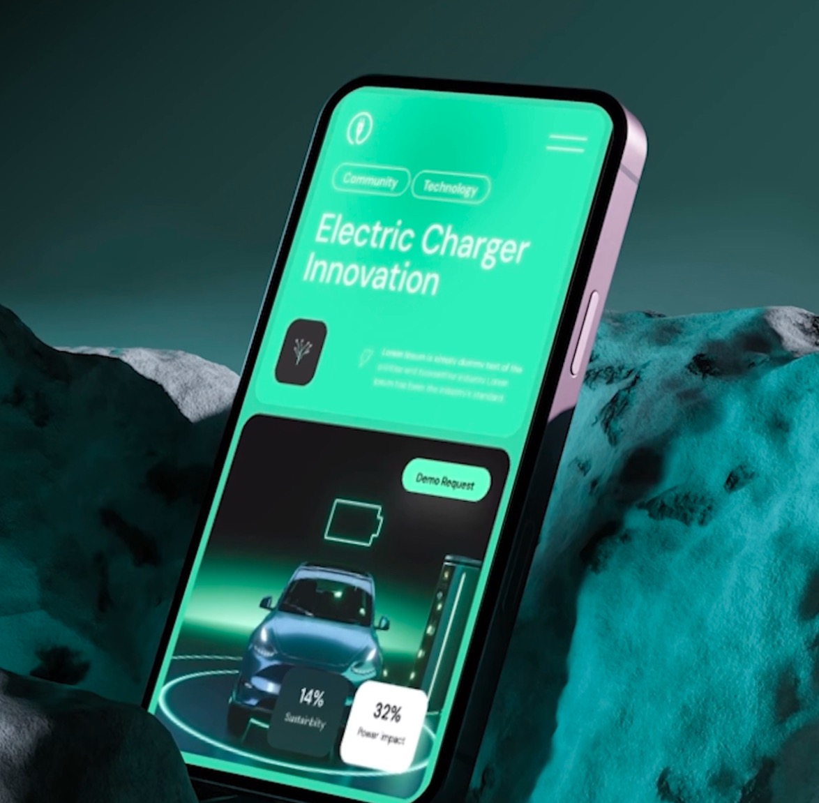 Aplikacja mobilna na smartfonie prezentująca interfejs ładowarki elektrycznej dla pojazdów, wyświetlająca statystyki zużycia energii i wpływ na środowisko, umieszczona na tle przypominającym...