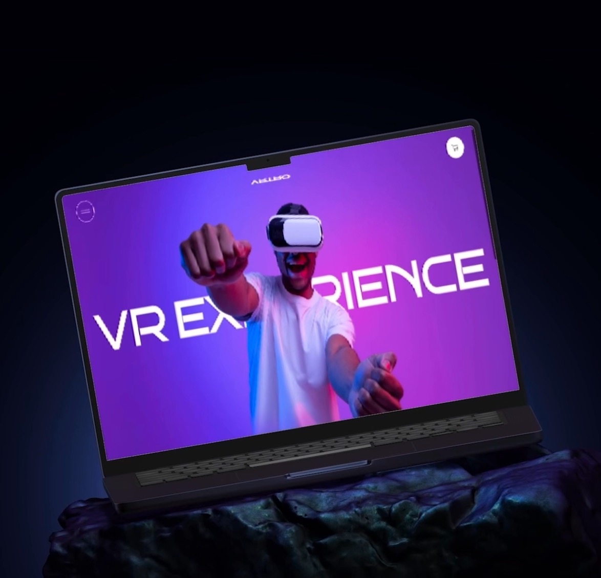 Laptop wyświetlający mężczyznę korzystającego z zestawu VR na tle fioletowo-niebieskim, z napisem 'VR EXPERIENCE'.