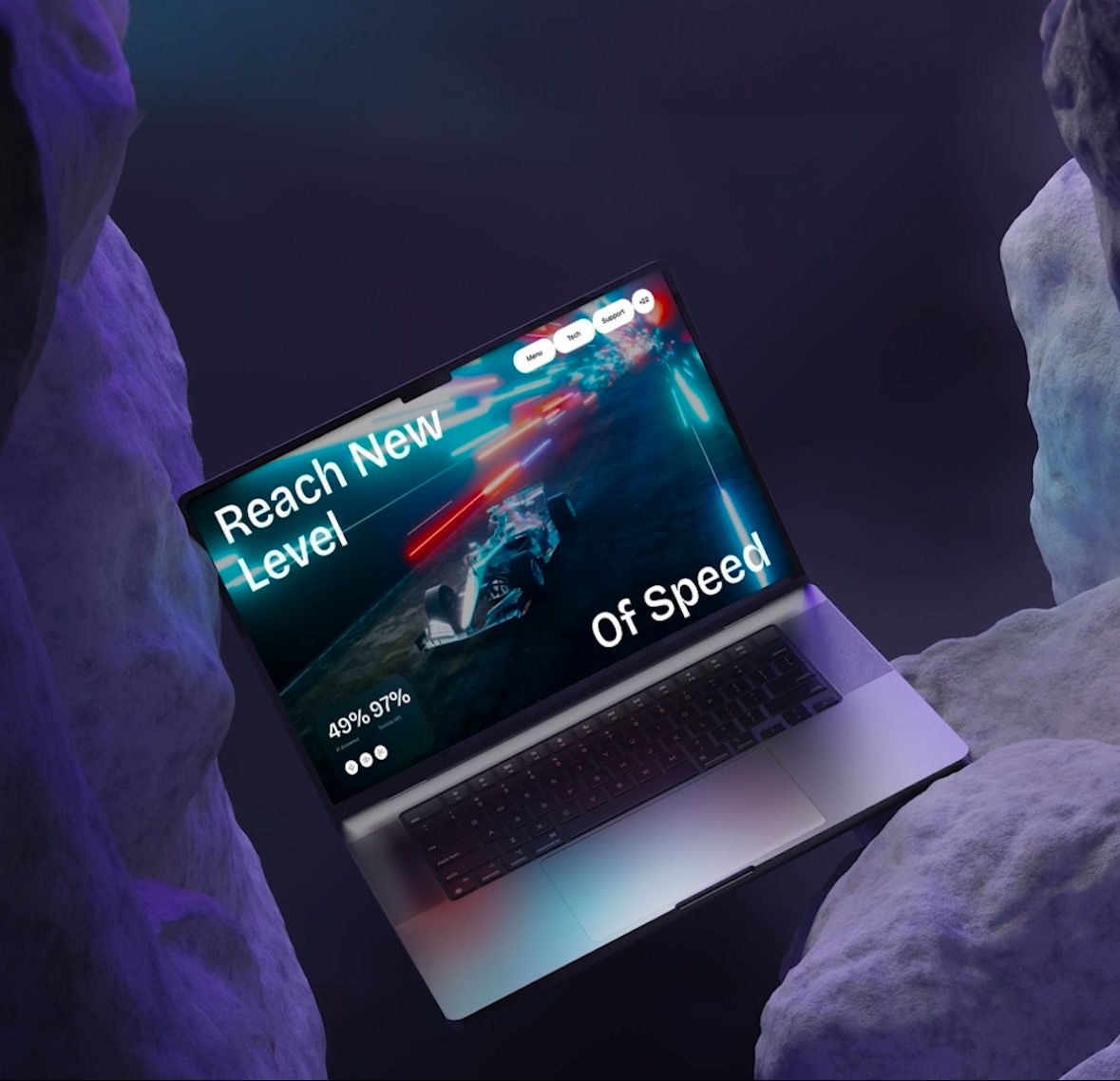 Laptop unoszący się w przestrzeni, wyświetlający dynamiczną grafikę wyścigową z hasłem 'Reach New Level Of Speed', otoczony abstrakcyjnymi, fioletowo podświetlonymi formacjami skalnymi.