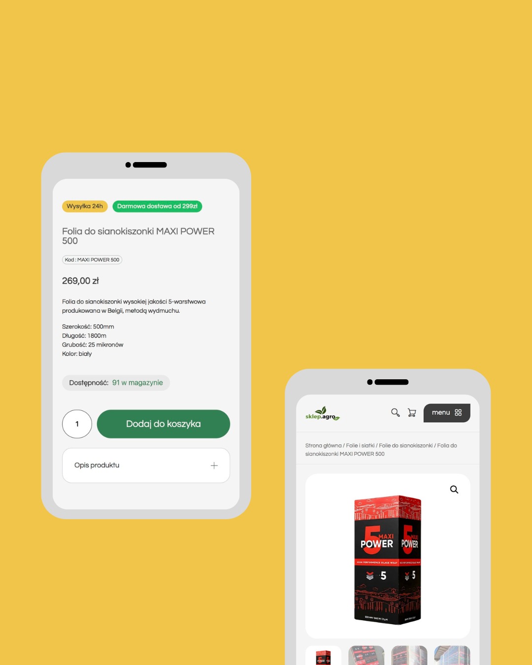 Prezentacja sklepu internetowego na smartfonie: oferta folii do sianokiszonki MAXI POWER 500, z informacją o dostępności i opcjach dostawy. Widok strony produktu.