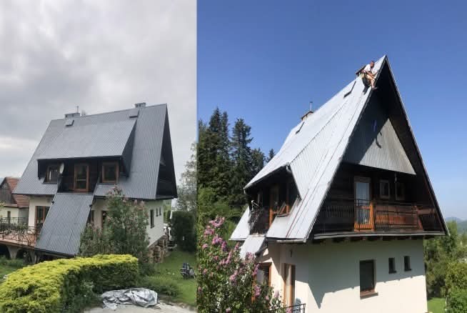 Dom z dachem po renowacji, widok z dwóch perspektyw: szary dach po lewej, jaśniejszy dach po prawej z pracownikiem na szczycie. Kontrastujące niebo.