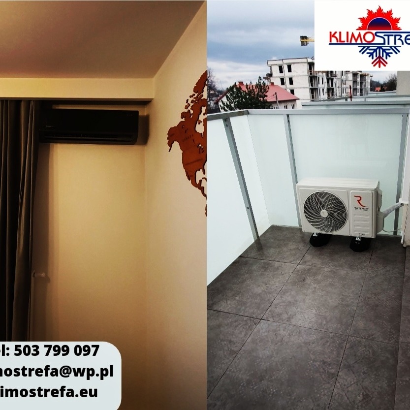 Dwa klimatyzatory w Siedlcach: jednostka wewnętrzna zamontowana na ścianie w pokoju z dekoracją w kształcie mapy świata i jednostka zewnętrzna na balkonie nowego budownictwa.