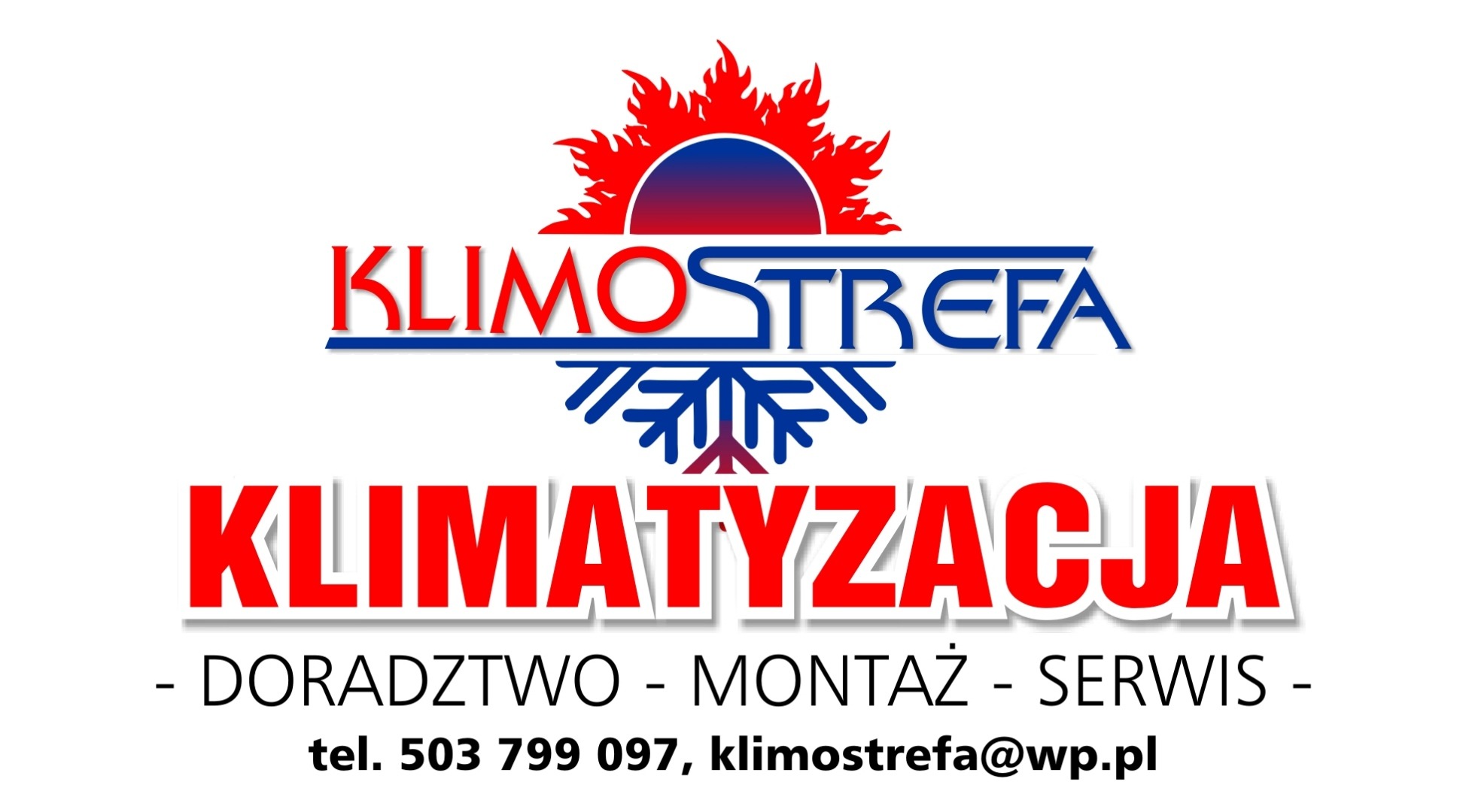 Logo firmy Klimostrefa z czerwonym symbolem słońca nad niebieskim napisem Klimostrefa, pod którym znajduje się grafika płatka śniegu i czerwony napis Klimatyzacja. Poniżej informacja o doradztwie...