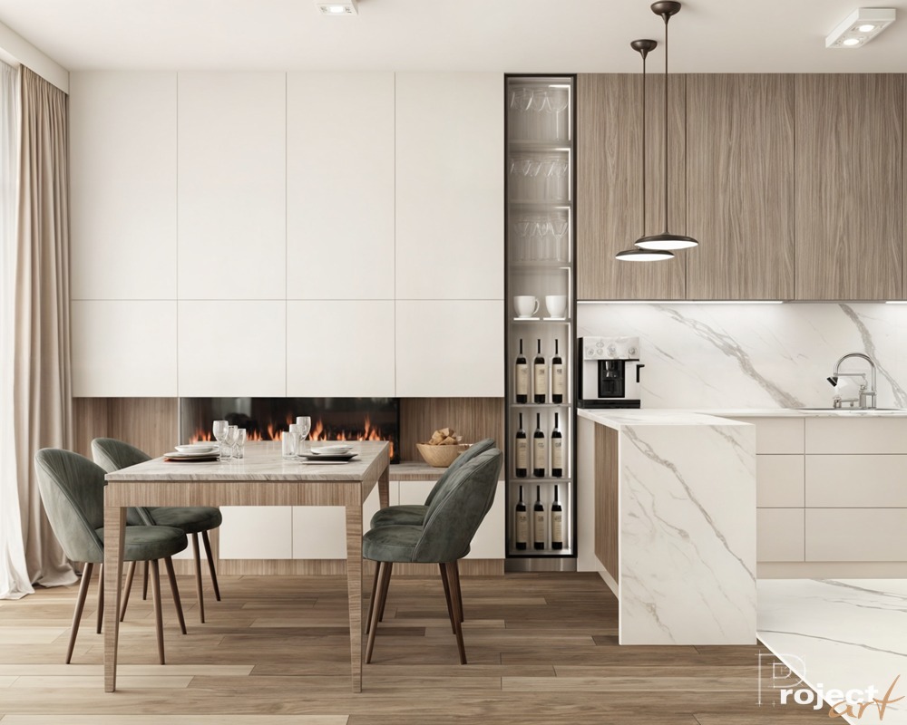 Jasna kuchnia z marmurowym blatem i wyspą, drewnianymi szafkami, wbudowanym kominkiem pod szafkami i szklaną witryną z winami, uzupełniona stołem z marmurowym blatem i welurowymi krzesłami.