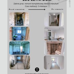 Przedsiębiorstwo Usługowe Jarosław Butowski - Grafika prezentująca porównanie stanu mieszkania przed i po kompleksowym remoncie, z wizualizacją postępu prac w różnych pomieszczeniach.