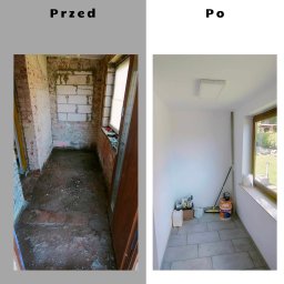 Przedsiębiorstwo Usługowe Jarosław Butowski - Porównanie stanu pomieszczenia przed i po: surowe ściany z cegły i gruz na podłodze kontra wykończone, białe ściany, szare płytki podłogowe, widoczne puszki z farbą i narzędzia malarskie.