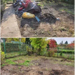 Dwa ujęcia tego samego ogrodu: pierwsze przedstawia nagromadzone odpady budowlane i ogrodowe przy ścieżce, drugie pokazuje uporządkowaną przestrzeń po usunięciu odpadów, z widocznymi śladami po...