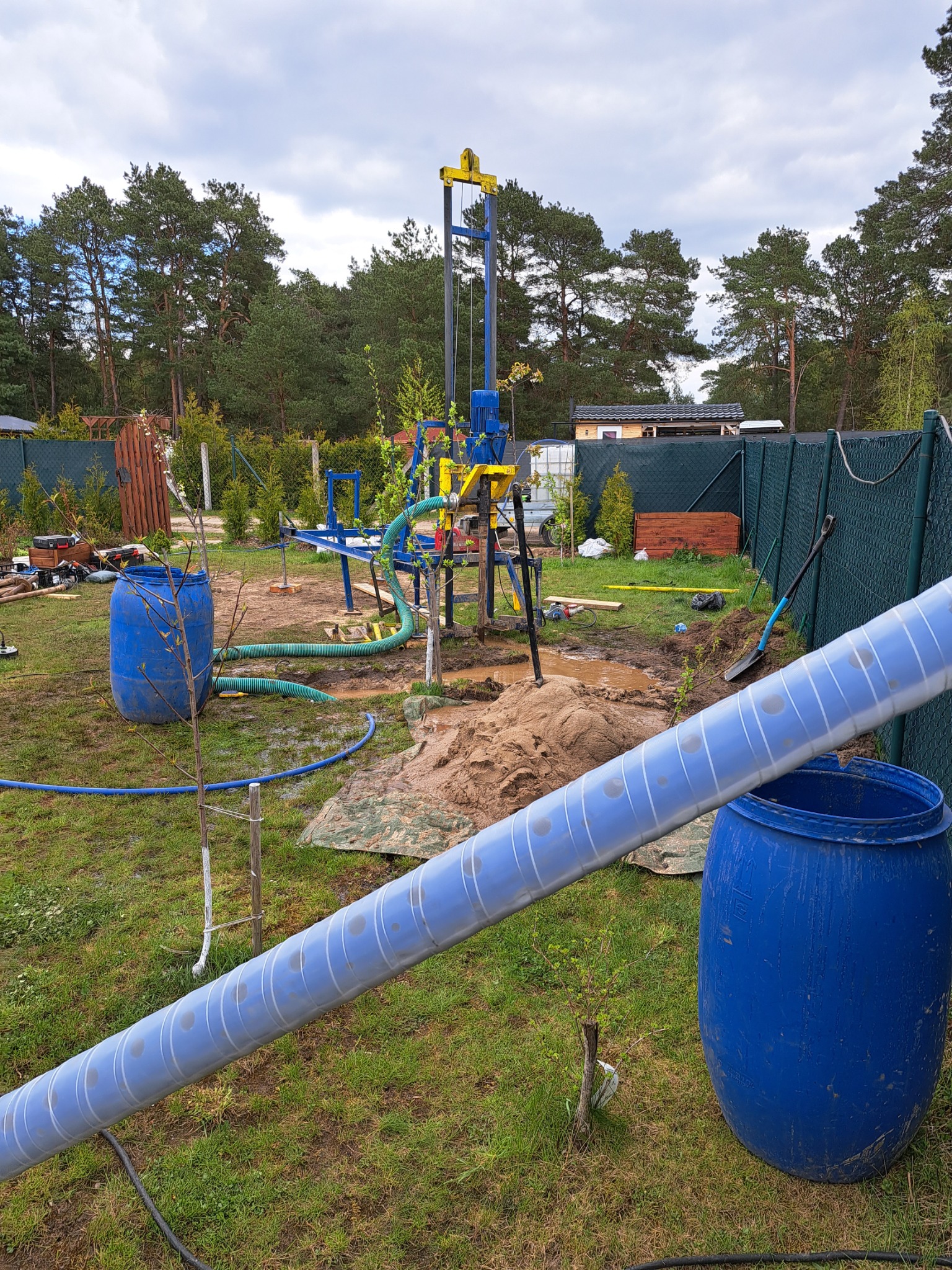 Wiertnica w trakcie pracy na działce, widoczne niebieskie beczki i rura odprowadzająca urobek, w tle zalesiony teren i ogrodzenie.