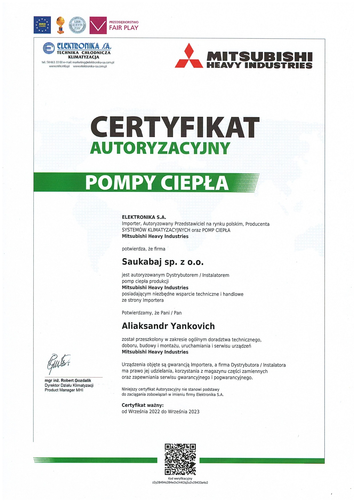 Skan certyfikatu autoryzacyjnego Mitsubishi Heavy Industries dla pomp ciepła, wystawionego przez Elektronika S.A. dla firmy Saukabaj sp. z o.o., ważny do września 2023.