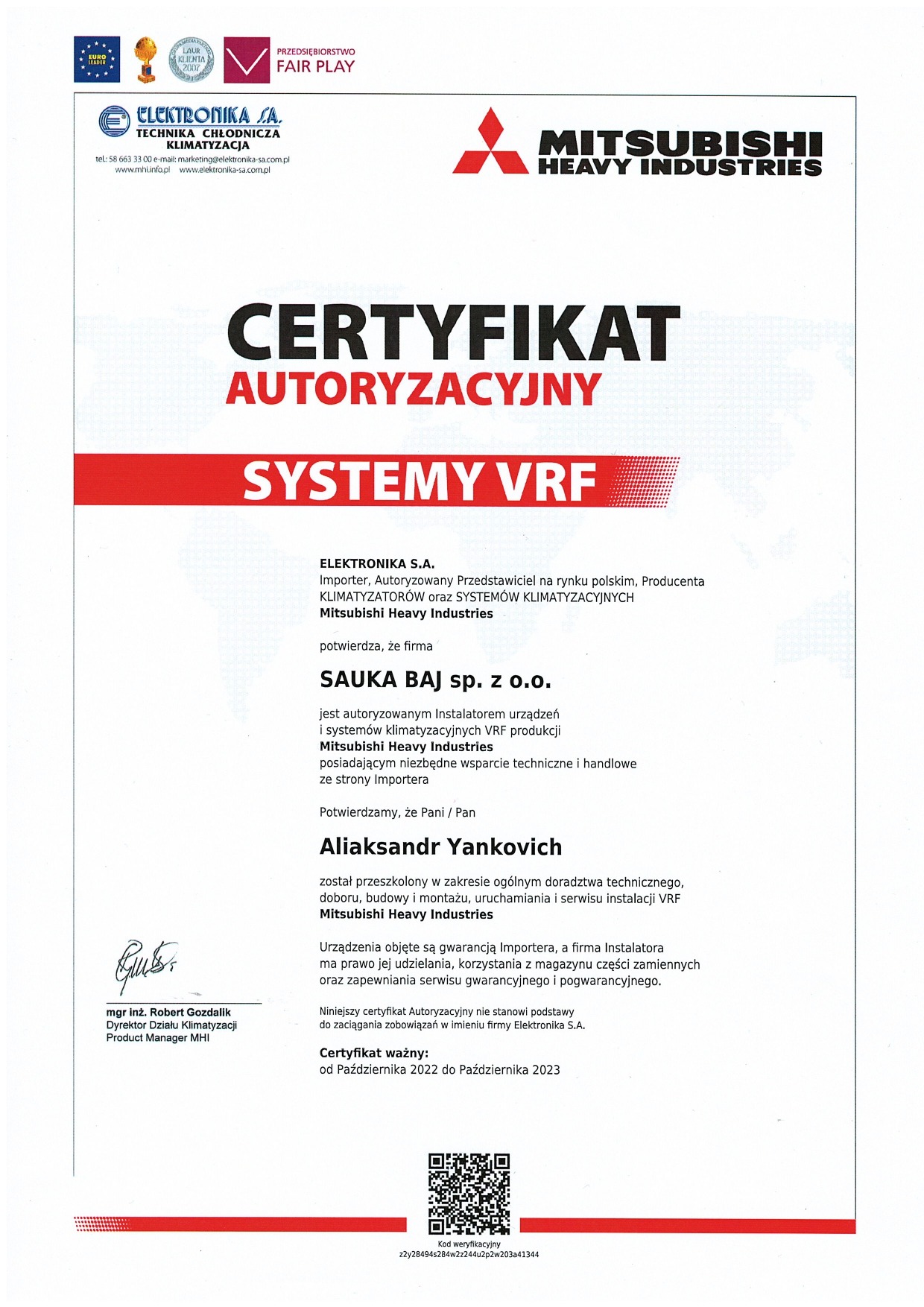 Certyfikat Mitsubishi