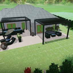 IŚCIE KWIECIŚCIE Pracownia projektowania i aranżacji zieleni i kwiatów - Wizualizacja 3D domu z ogrodem, tarasem z pergolami, meblami ogrodowymi i roślinnością, widok z góry na trawnik w kratkę.