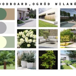 IŚCIE KWIECIŚCIE Pracownia projektowania i aranżacji zieleni i kwiatów - Moodboard prezentujący wizualizacje różnych elementów zagospodarowania przestrzeni ogrodowej, w tym rabaty kwiatowe, trawniki, meble ogrodowe, basen oraz paletę kolorystyczną.
