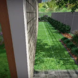 Wizualizacja ogrodu przydomowego z trawnikiem w kratkę, rabatami z roślinami ozdobnymi i drzewem o białej korze wzdłuż metalowego ogrodzenia.