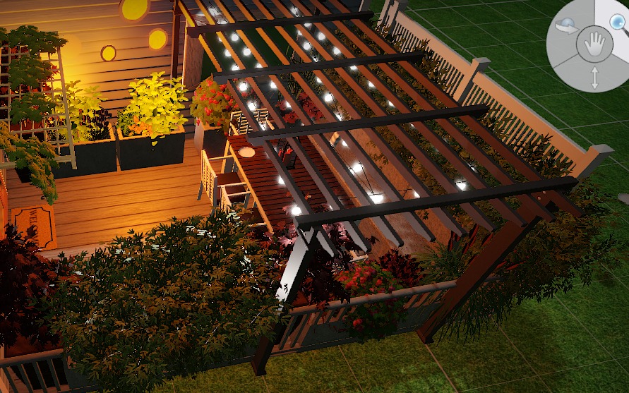 Widok z góry na taras z pergolą oświetloną girlandą żarówek, z donicami z zielenią i kwiatami, oraz roślinami w gruncie, tworzącymi bujną kompozycję.