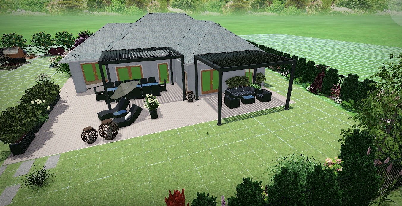 Wizualizacja 3D domu z ogrodem, tarasem z pergolami, meblami ogrodowymi i roślinnością, widok z góry na trawnik w kratkę.