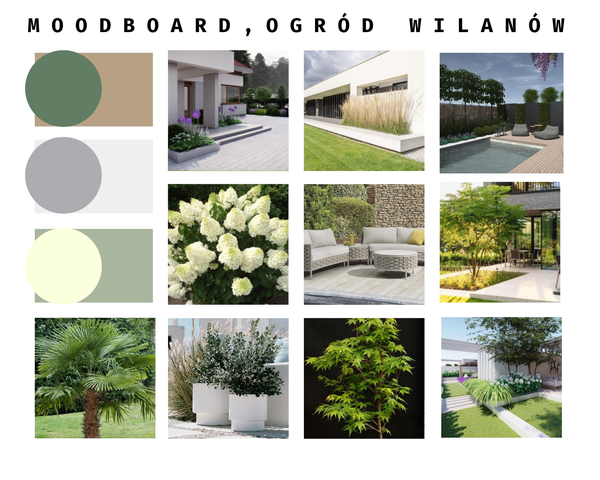 Moodboard prezentujący wizualizacje różnych elementów zagospodarowania przestrzeni ogrodowej, w tym rabaty kwiatowe, trawniki, meble ogrodowe, basen oraz paletę kolorystyczną.