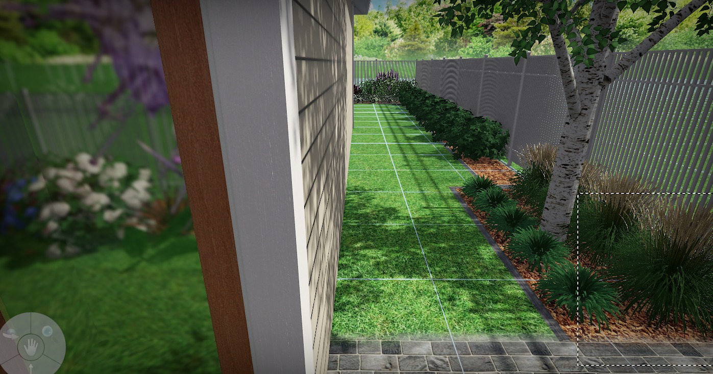 Wizualizacja ogrodu przydomowego z trawnikiem w kratkę, rabatami z roślinami ozdobnymi i drzewem o białej korze wzdłuż metalowego ogrodzenia.