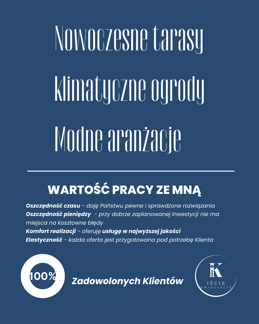 Grafika reklamowa przedstawiająca hasła: Nowoczesne tarasy, klimatyczne ogrody, modne aranżacje. Pod nimi tekst: Wartość pracy ze mną, a następnie wyliczenie korzyści: oszczędność czasu...