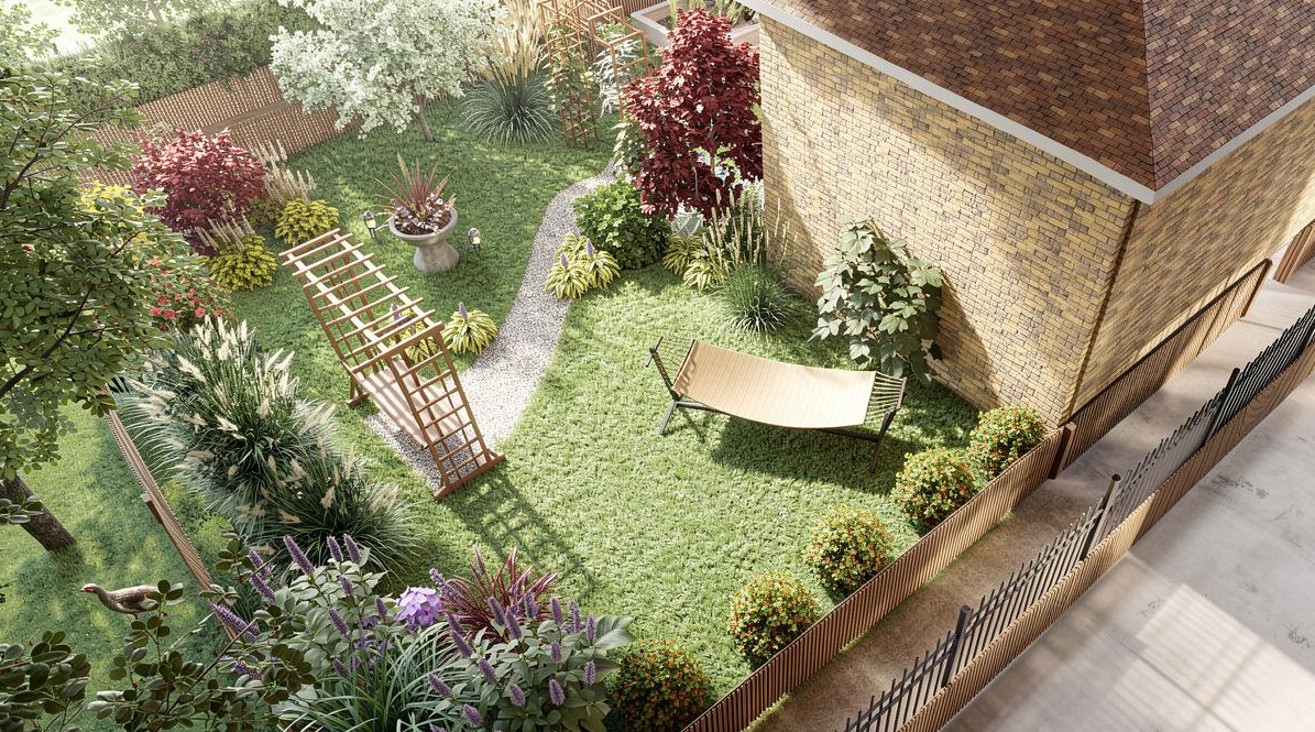 Widok z góry na przydomowy ogród z hamakiem, ścieżką z kamyków, pergolą i różnorodną roślinnością. Ujęcie z perspektywy drona, w słoneczny dzień.