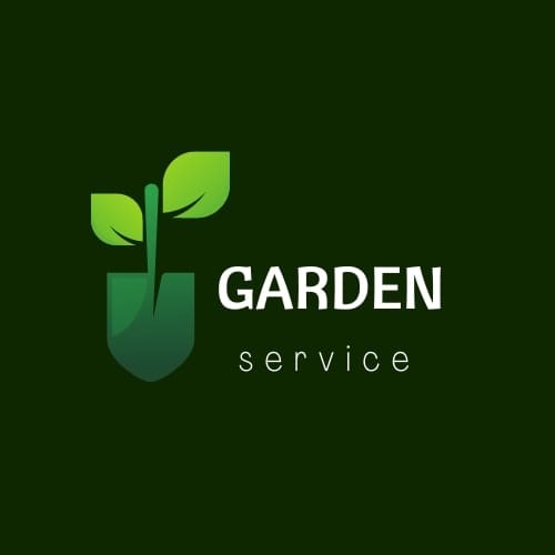 Logo firmy ogrodniczej: stylizowana łopata z wyrastającą rośliną i napisem 'GARDEN service' na ciemnozielonym tle.