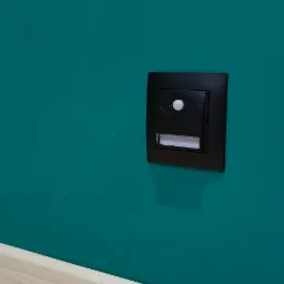 Czarny czujnik ruchu zamontowany na zielonej ścianie, widoczne listwy przypodłogowe.