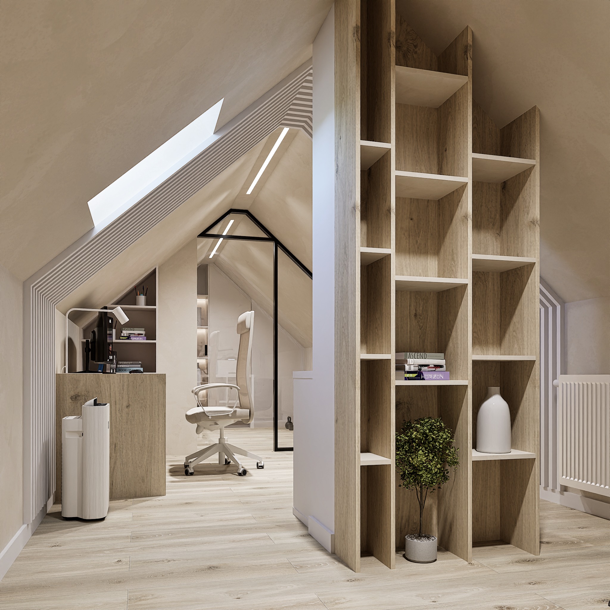 Jasne poddasze biurowe z drewnianym regałem, biurkiem i krzesłem na kółkach. Okno dachowe doświetla przestrzeń. Minimalistyczny design, ciepłe odcienie drewna i bieli.