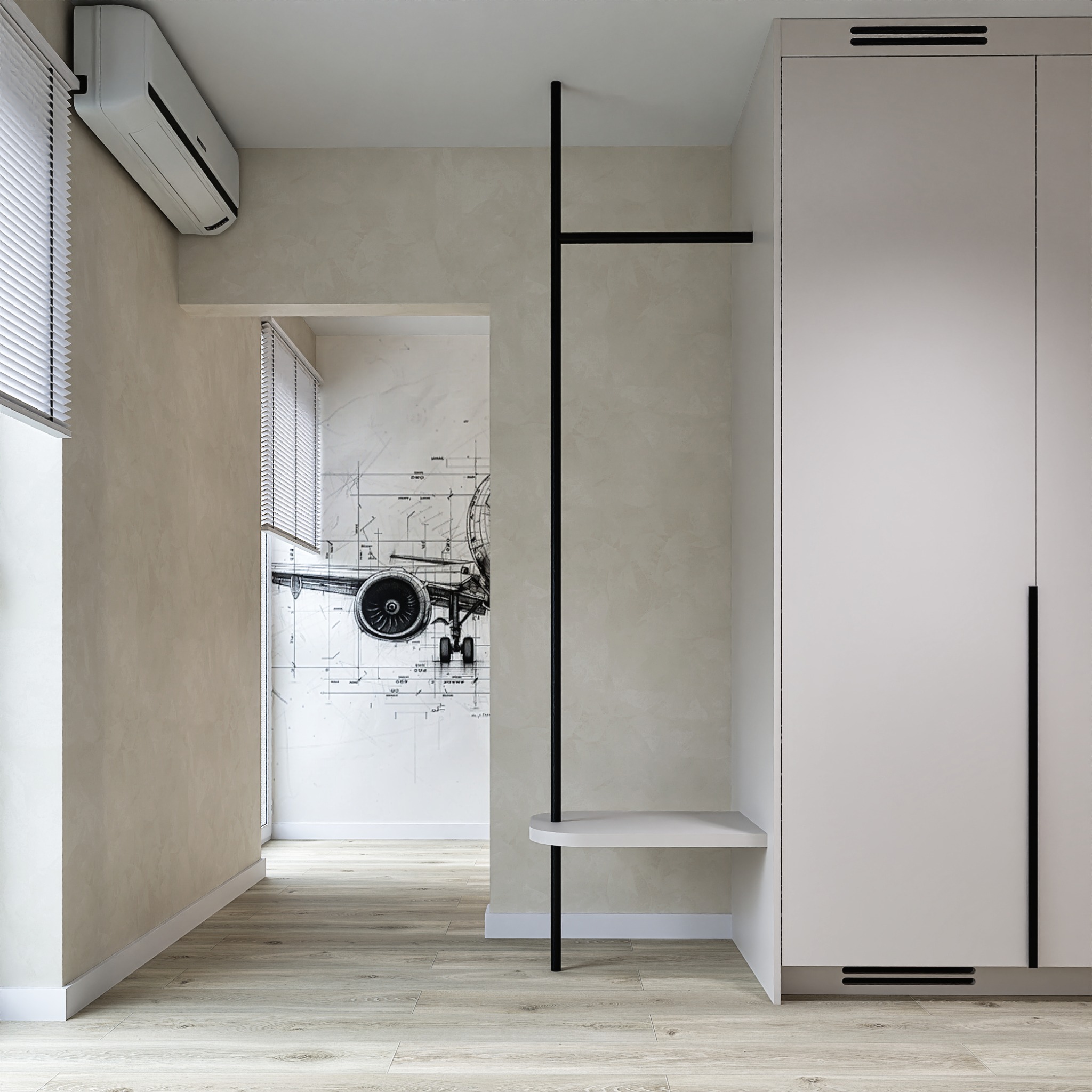 Nowoczesny przedpokój: biała szafa z czarnymi uchwytami, minimalistyczny wieszak i grafika samolotu na ścianie. Jasne drewniane panele podłogowe, klimatyzator.