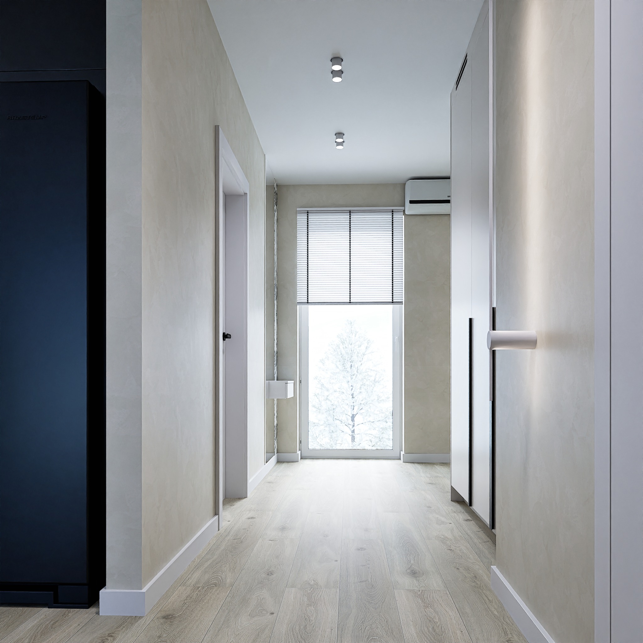 Nowoczesny korytarz z drewnianą podłogą, beżowymi ścianami i minimalistycznym oświetleniem. W głębi widoczne okno z roletami i zimowy krajobraz.
