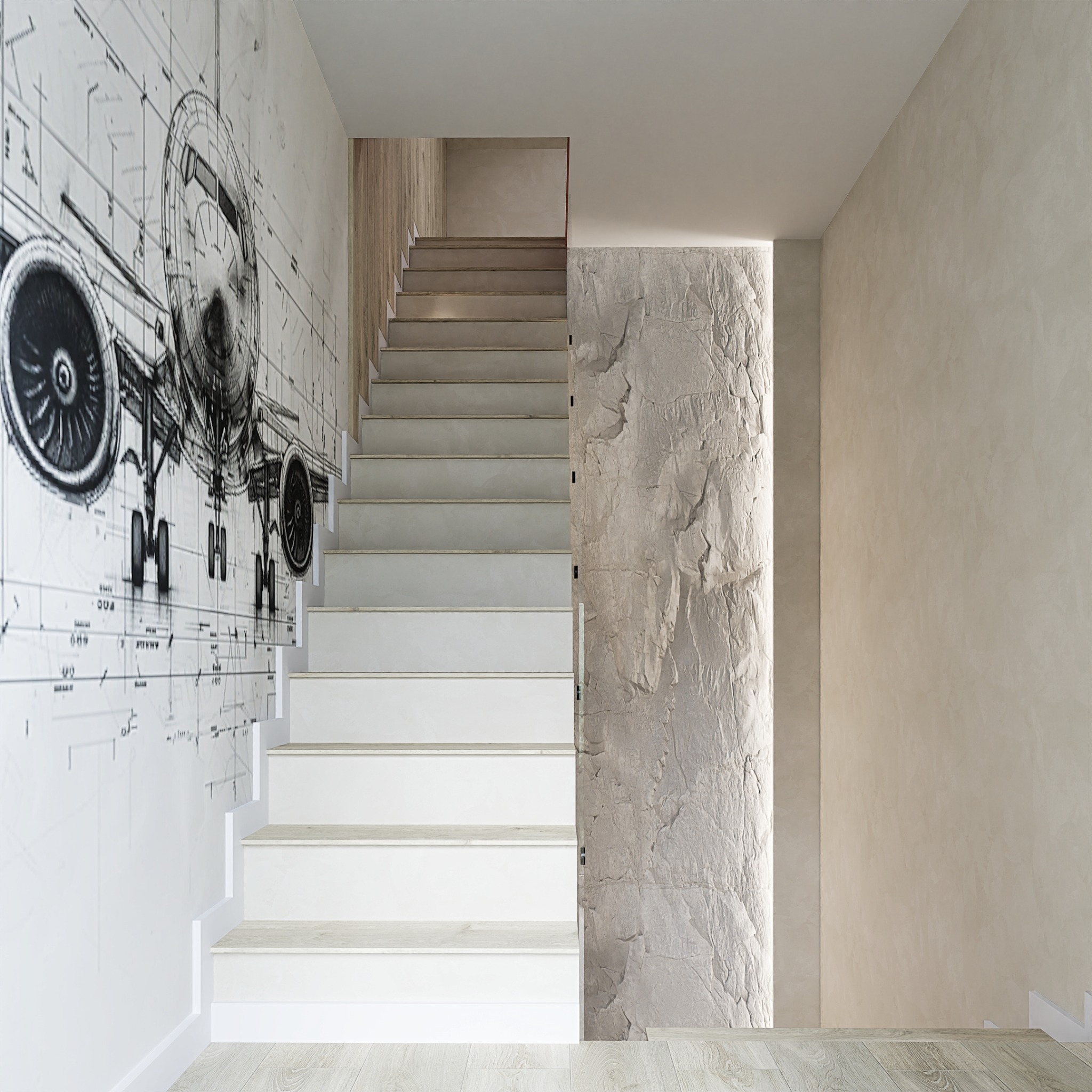 Nowoczesne schody z białymi stopniami, ściana z tapetą w schematy samolotu i strukturalną fakturą. Jasne, minimalistyczne wykończenie wnętrza.