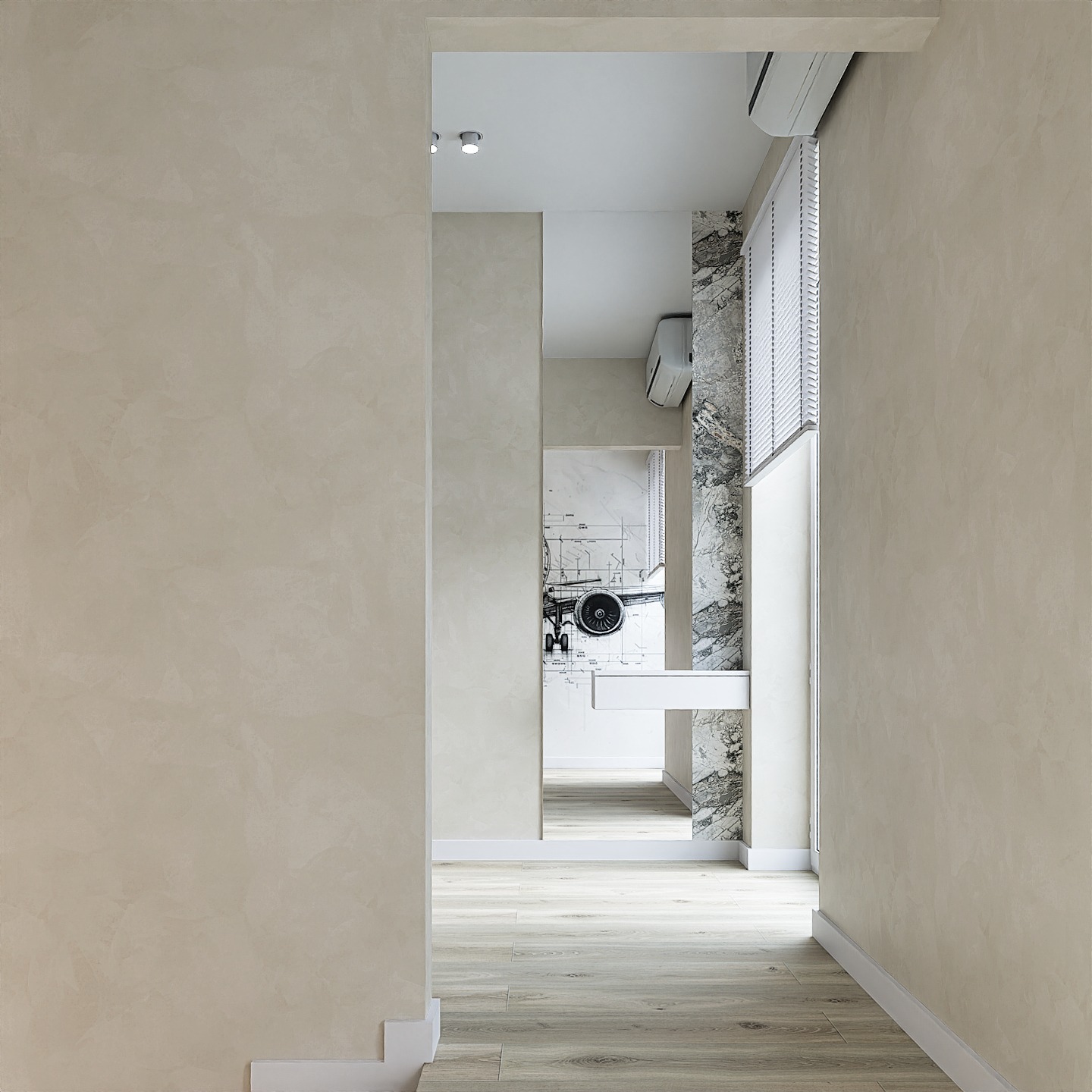 Beżowe wnętrze z teksturą na ścianach, widok na korytarz z lustrem i grafiką samolotu. Minimalistyczny design z drewnianą podłogą i klimatyzacją.