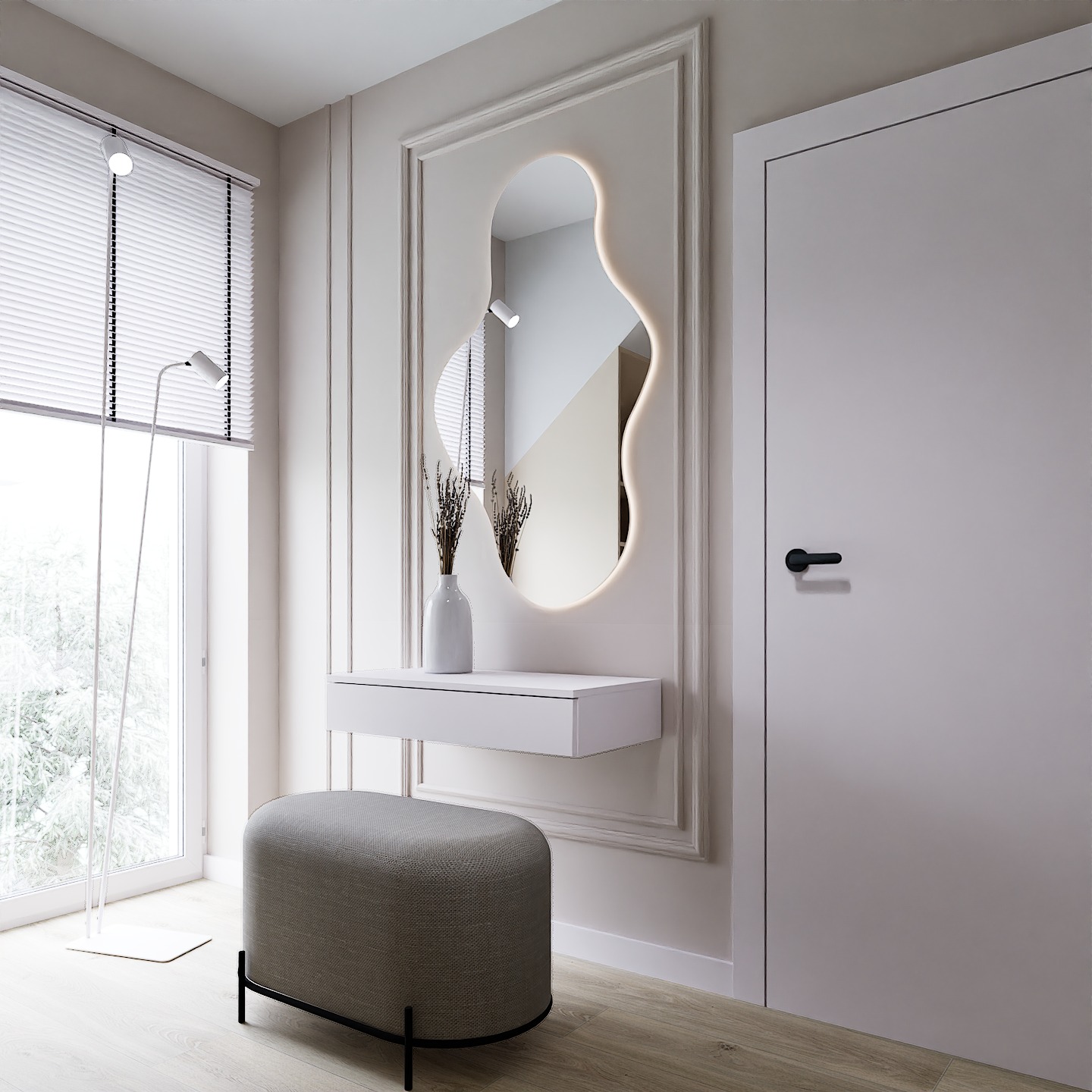 Nowoczesny przedpokój: biała konsola z asymetrycznym lustrem LED, szary puf, minimalistyczna lampa podłogowa przy oknie z żaluzjami. Subtelne oświetlenie i dekoracje.