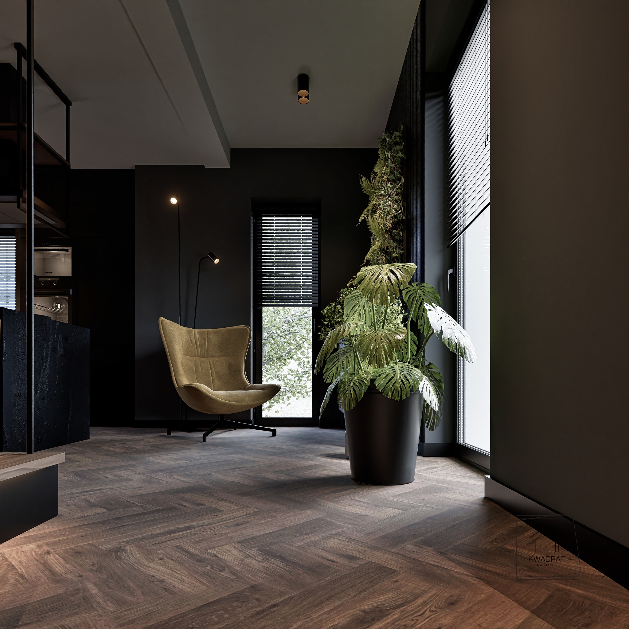 Stylowe wnętrze: ciemne ściany, parkiet w jodełkę, fotel w musztardowym kolorze, roślina doniczkowa przy oknie z żaluzjami. Minimalistyczny design z akcentami natury.