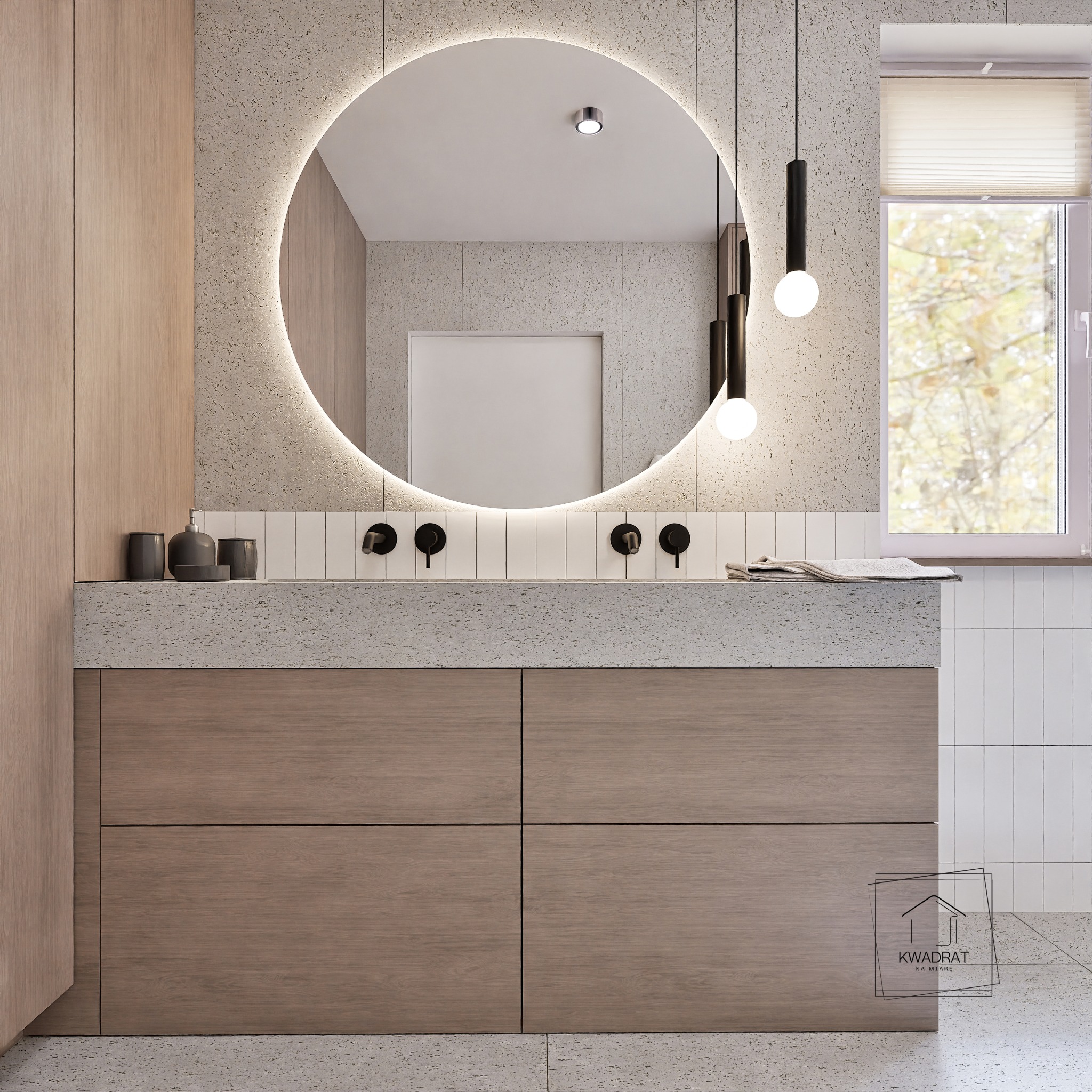 Nowoczesna łazienka: drewniana szafka pod umywalką z betonowym blatem, okrągłe lustro z podświetleniem LED, minimalistyczne lampy wiszące i okno z roletą.
