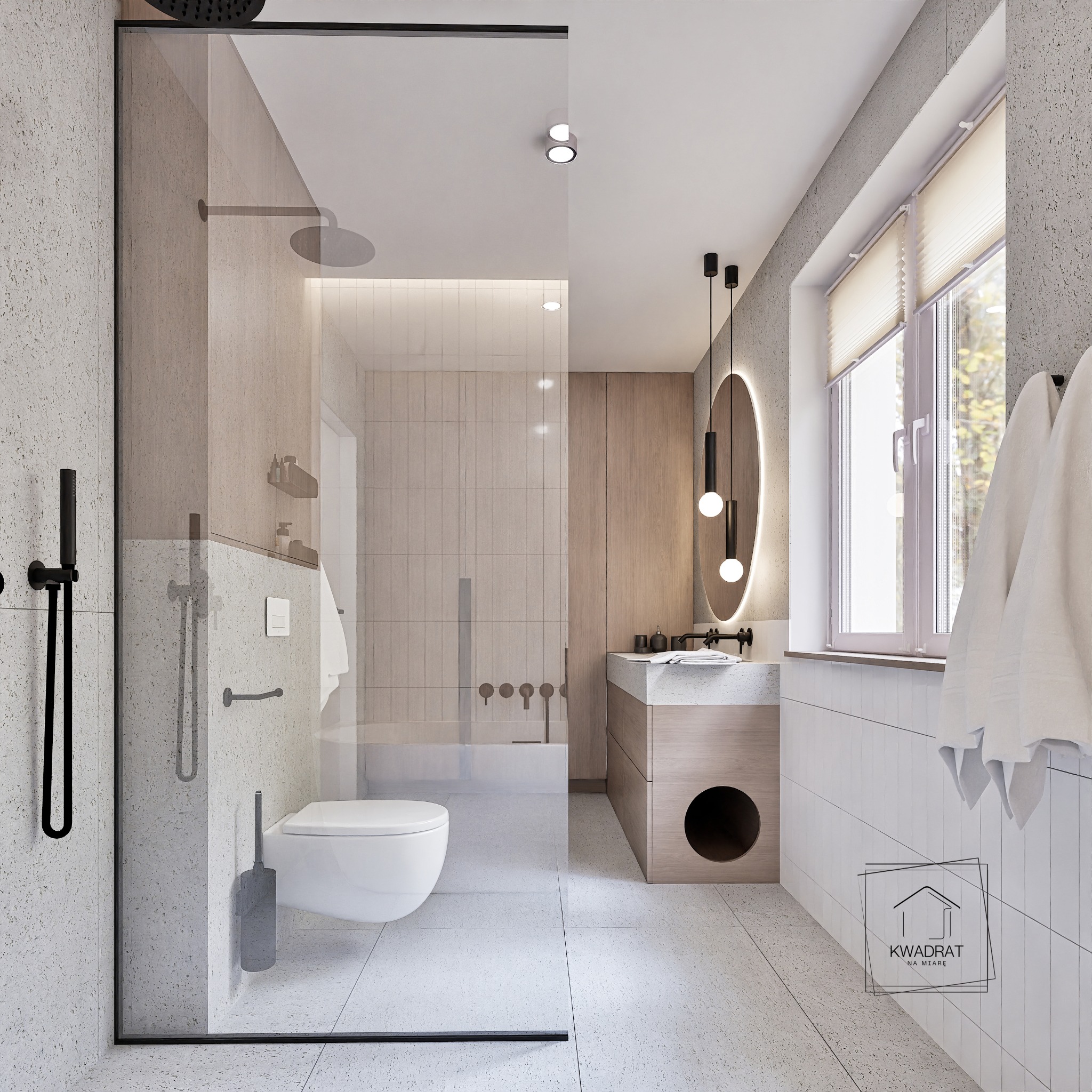 Nowoczesna łazienka z kabiną walk-in, podwieszaną toaletą i umywalką z okrągłym lustrem podświetlanym LED. Stonowana kolorystyka, minimalistyczny design.